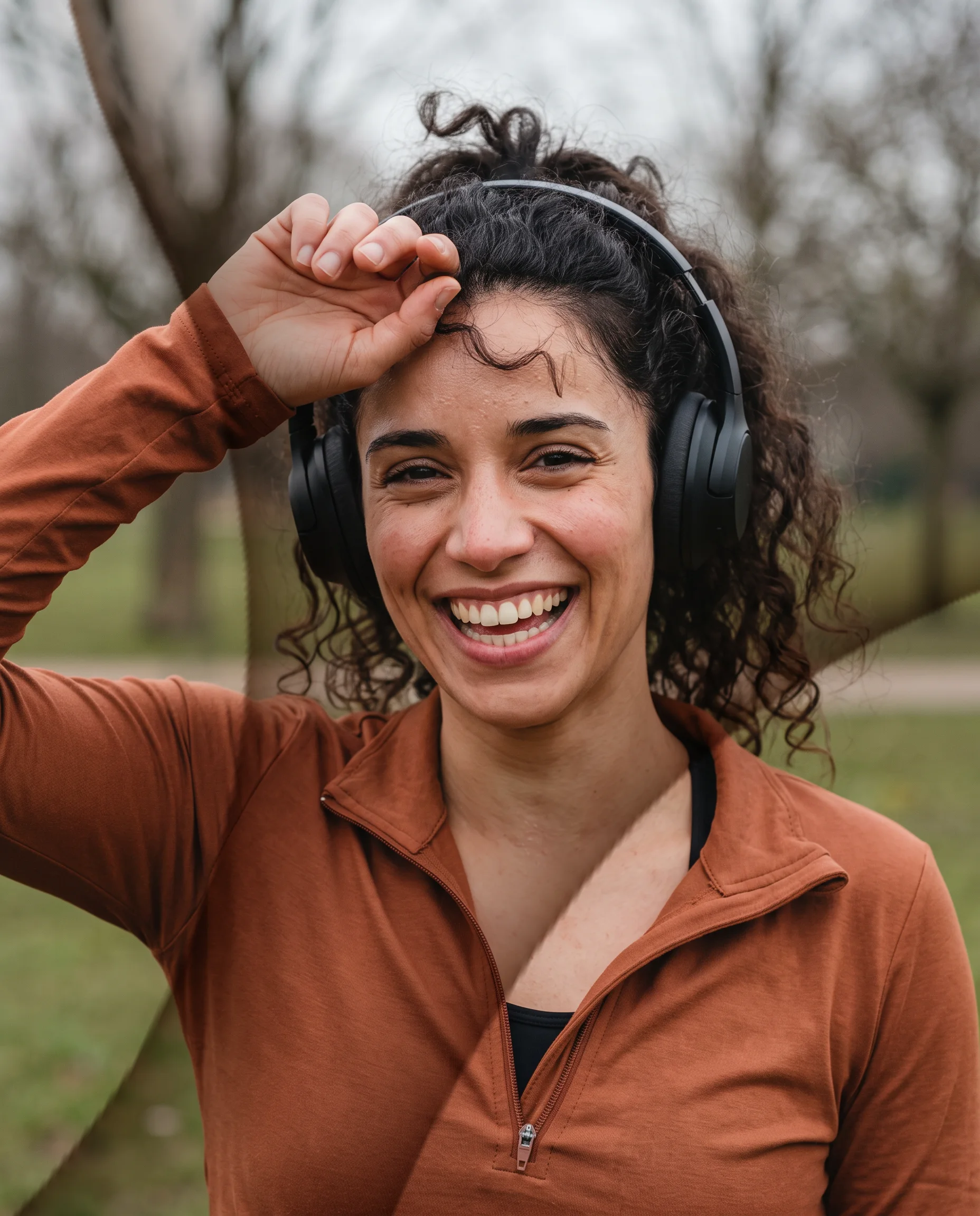 A woman laughing between sets of an outdoor strength workout, headphones on