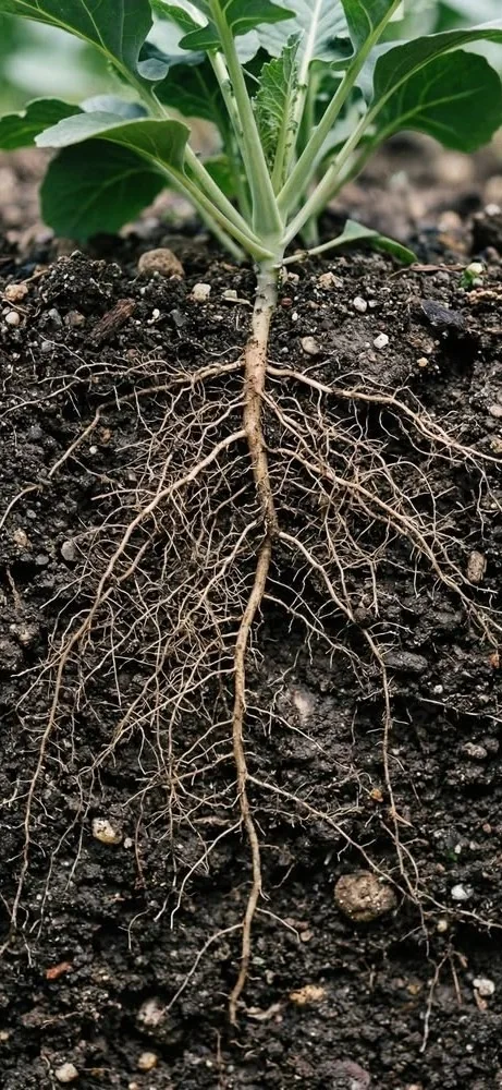 A young plant lifted from the soil, its full root system exposed