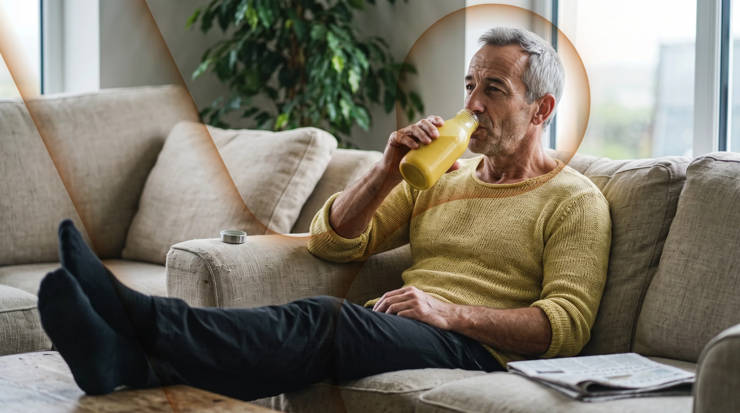 The same man resting on the sofa, drinking a golden turmeric drink