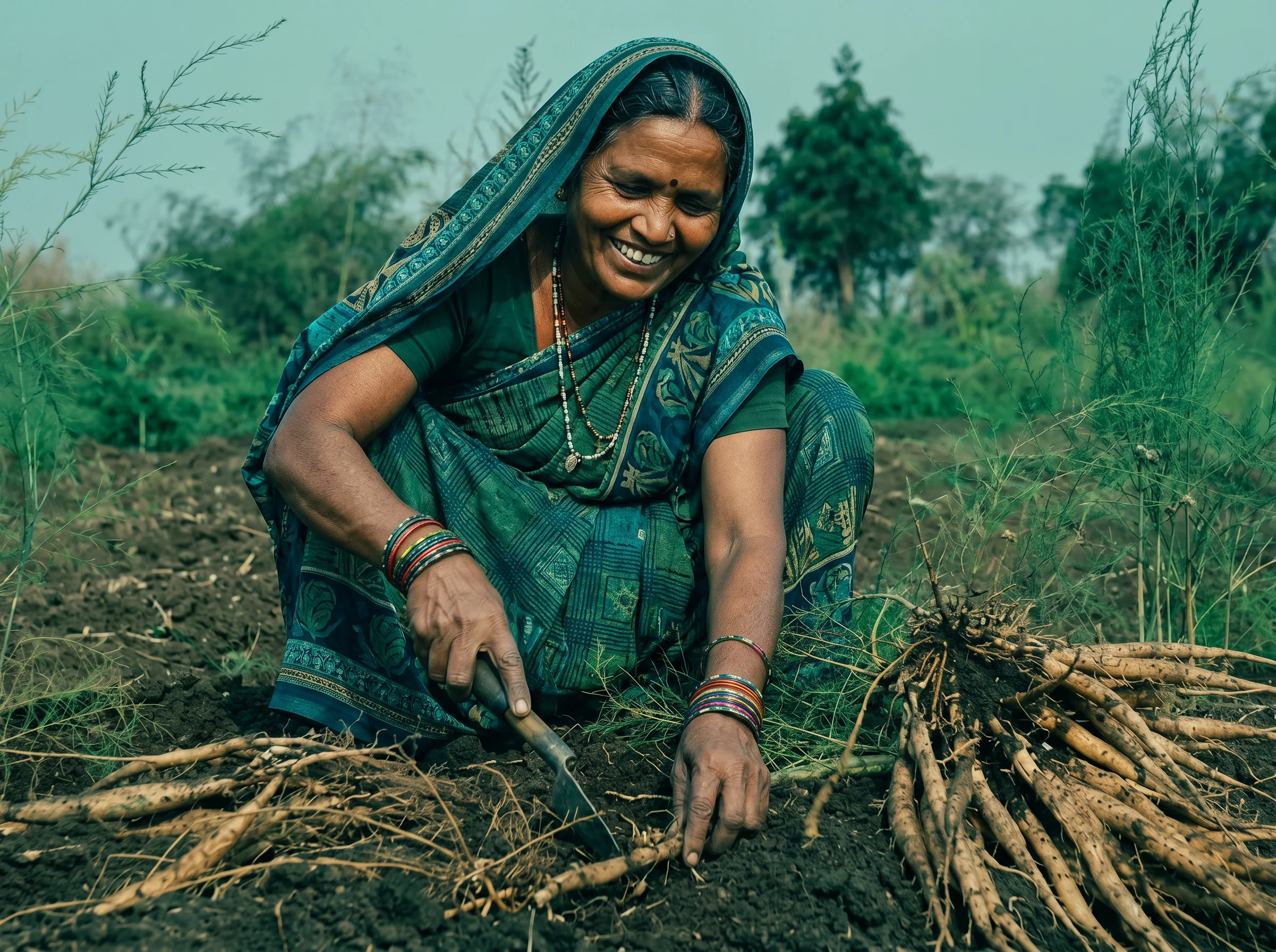 A farmer harvesting shatavari roots by hand